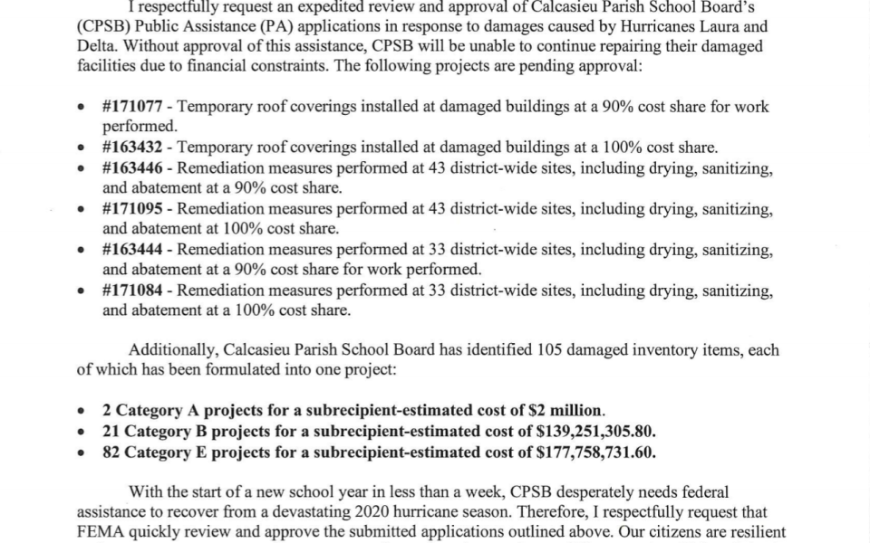 Letter to FEMA on Calcasieu Parish Schools
