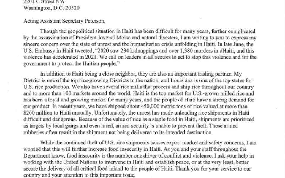Congressman Higgins letter to State Department on rice trade with Haiti