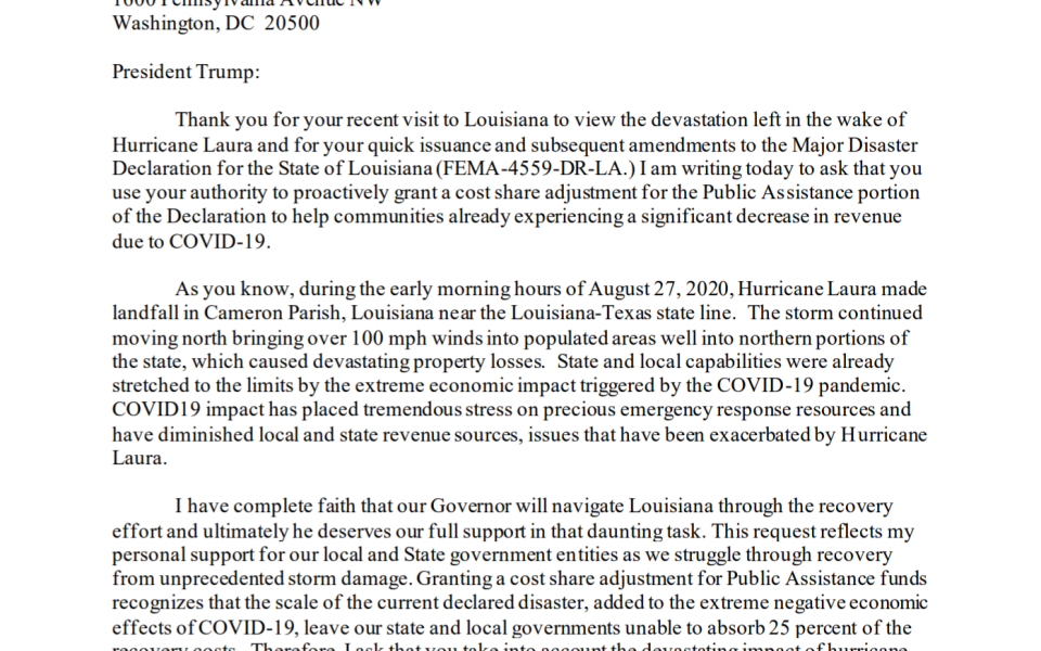 Letter on FEMA Public Assistance Cost Share